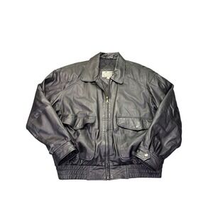 Vintage Property‎ Black Leather Bomber Jacket Men's XL Oversized Zip Coat